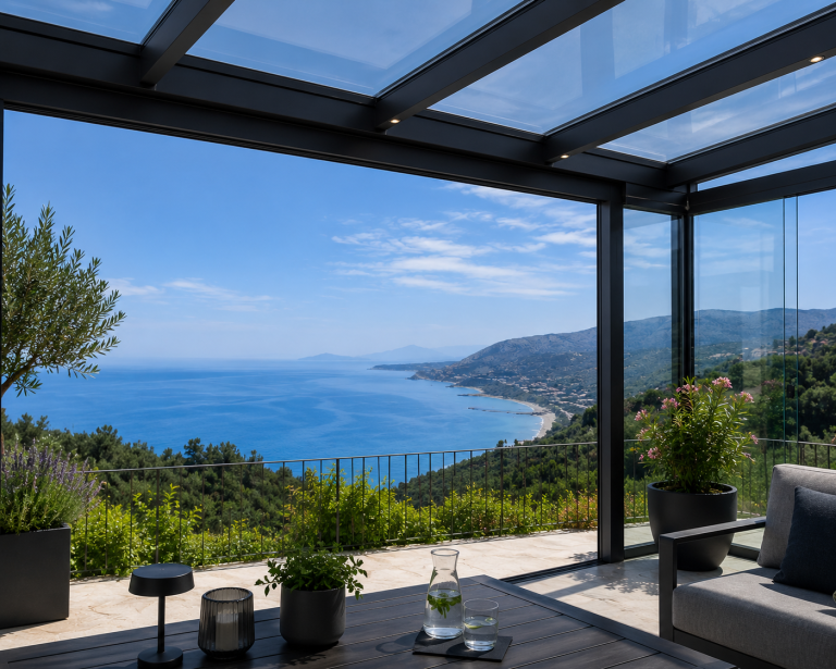 Moderne Terrasse mit einer Überdachung und beigen Markisenstoff. LEWENS Aufglasmarkise sowie LEWENS Senkrechtmarkisen