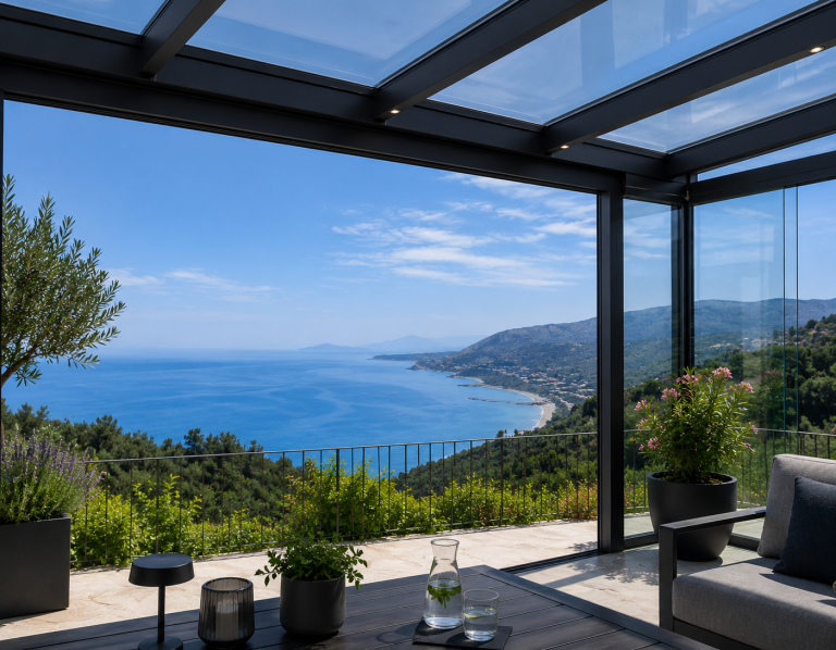 Moderne Terrasse mit einer Überdachung und beigen Markisenstoff. LEWENS Aufglasmarkise sowie LEWENS Senkrechtmarkisen
